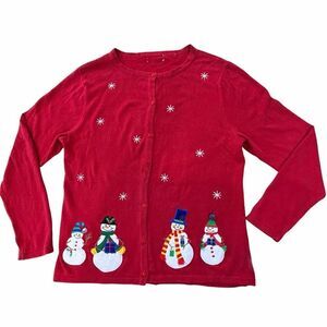 Croft & Barrow Size Medium Red Ugly Christmas Sweater Snowman Holiday Cardigan